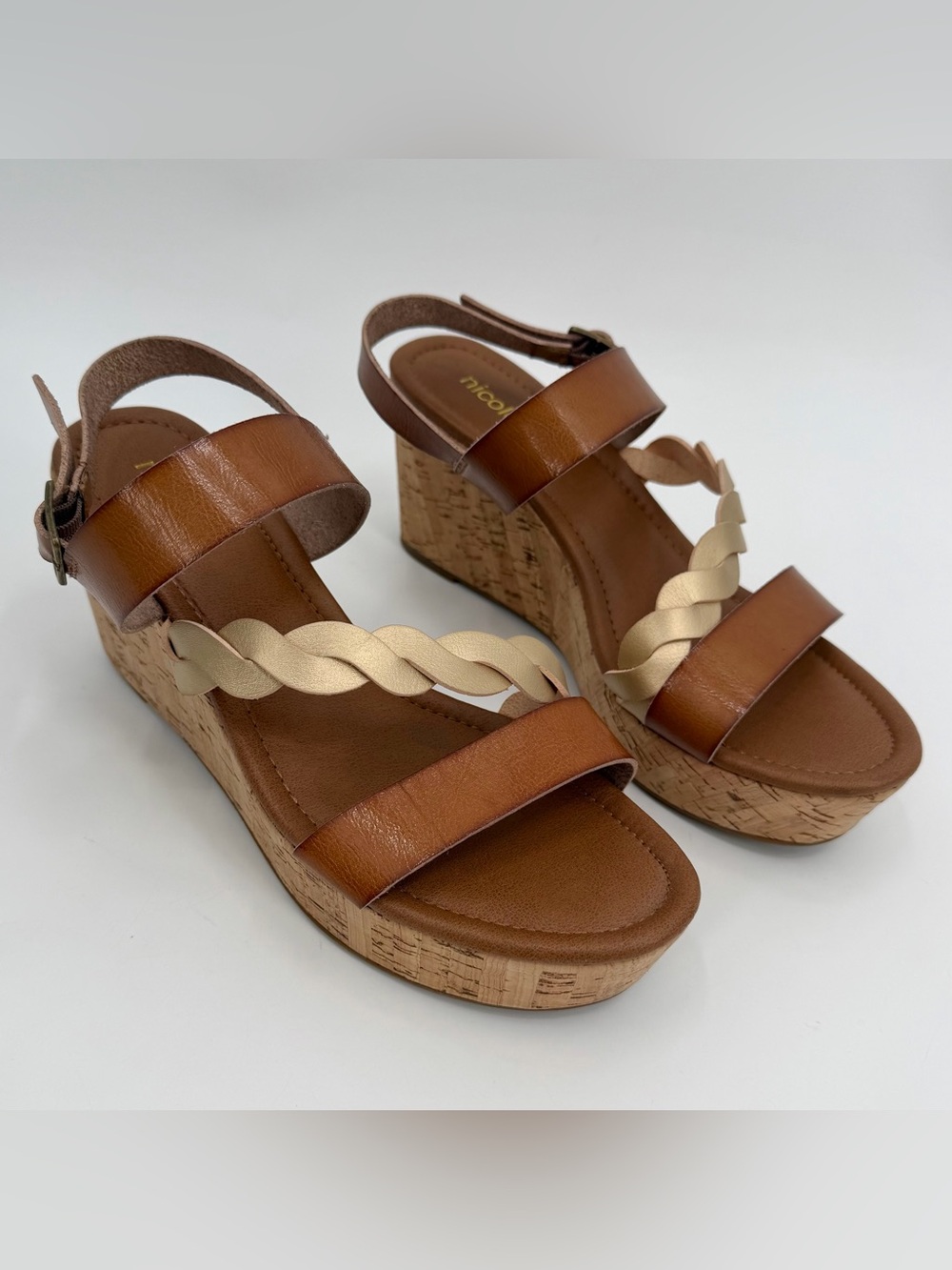NICOLE Sandals Womens 8.5 M DEBBIE Brown Metallic Platform Wedge Ankle Strap
